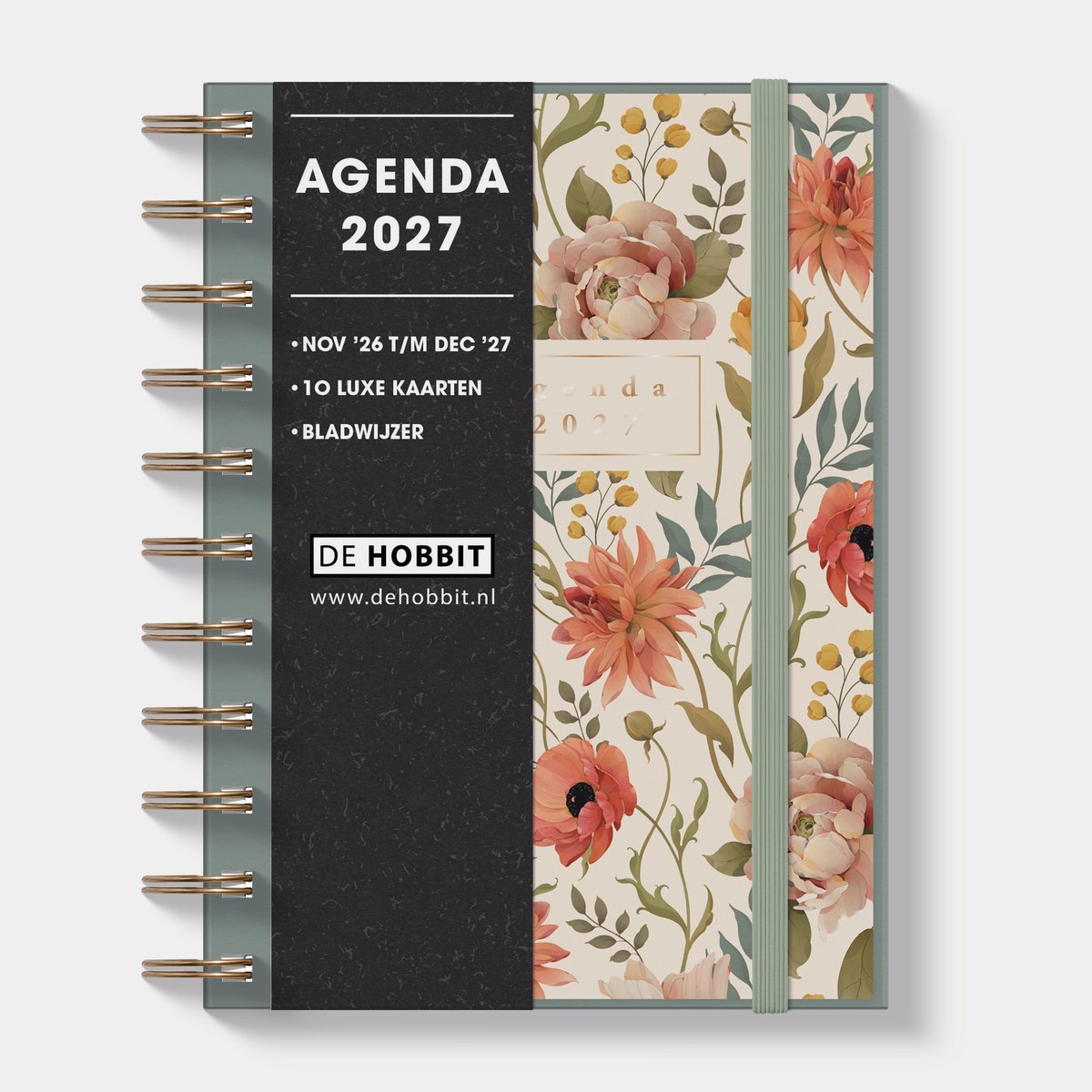 Hobbit - Ringband Agenda 2027 - Agenda A6 (14,8 x 11 cm) - Spiraal Agenda - 1 week op 2 pagina's - Flexibele Kaft - Vintage Bloemen