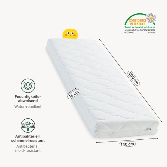 Wit matras met afmetingen 140x200 cm, waterafstotend en antibacterieel.
