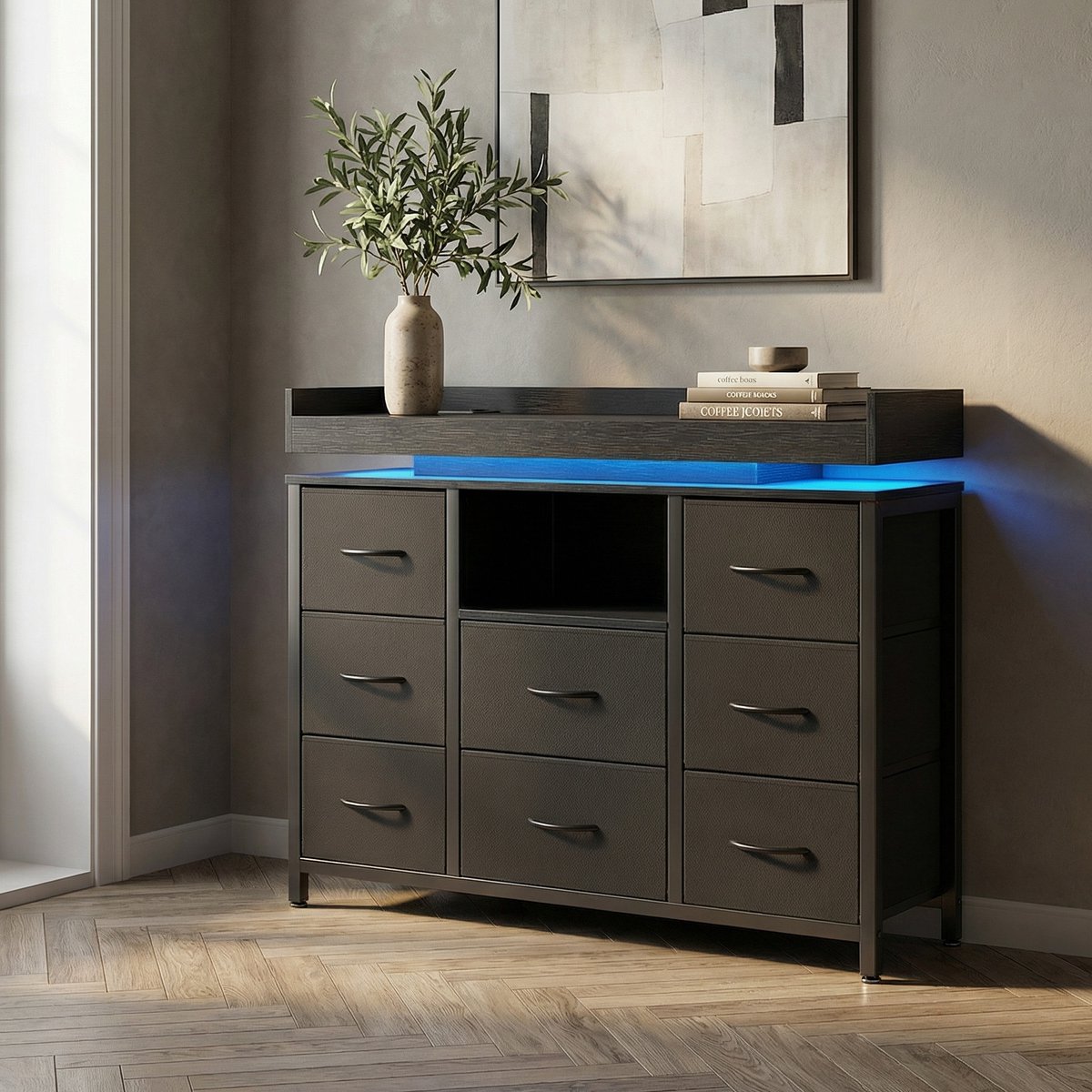 Ladekast met 8 Stoffen Lades - 108x30x82cm - Opbergkast met LED-verlichting en Oplaadstation - Metalen Frame en Houten Blad - Zwart