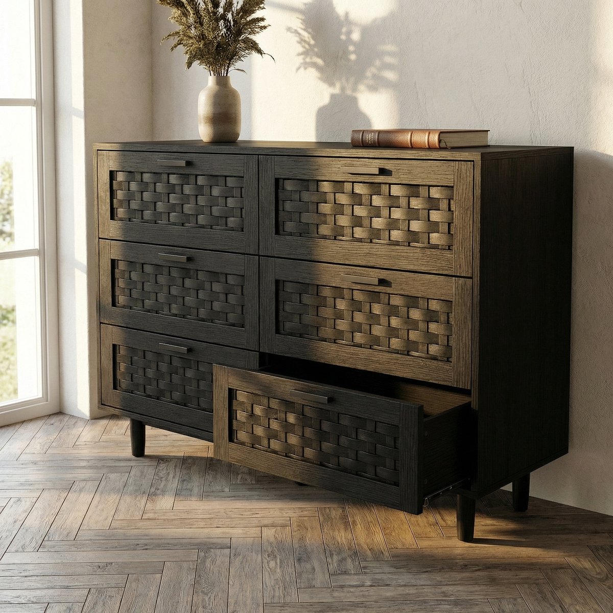 Ladekast - 115x40x80 cm - met 6 lades - Opbergkast met veel opbergruimte - hout en metaal - rattan look - zwart
