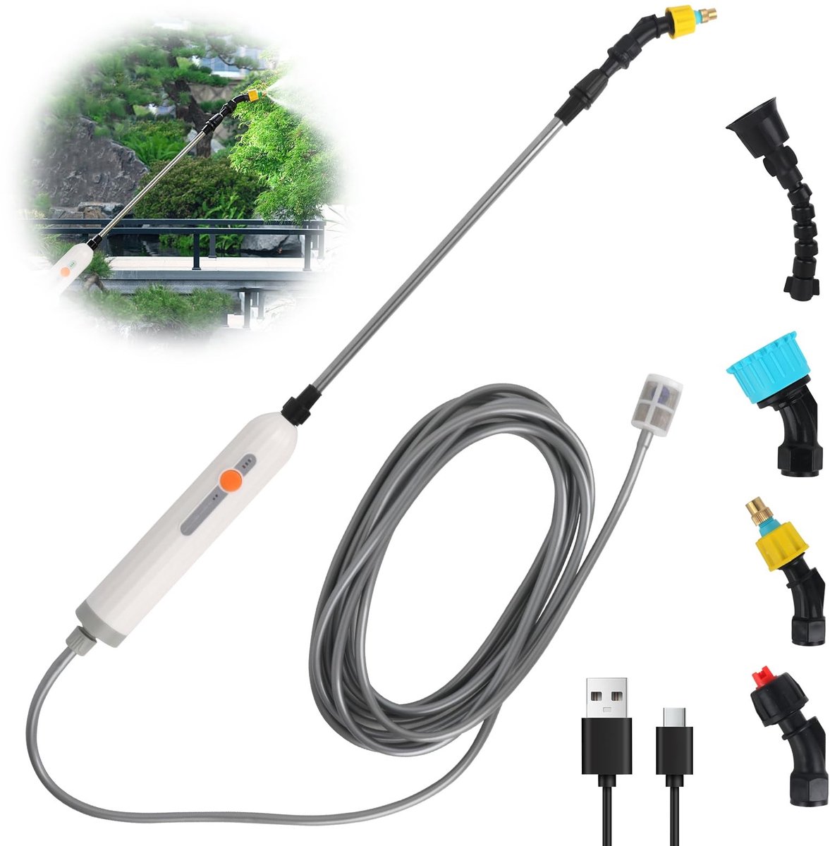 Dailygoods - Elektrische sproeistaaf, 3,7 V, elektrische plantensproeier, 4 nevelsproeiers en 5 m slang, 2 standen en oplaadbare USB, accu-drukspuit voor tuin, terras, gazon en onkruid