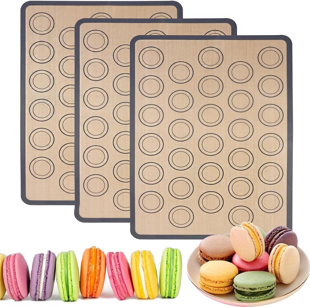 Dailygoods- Bakmat Set van 3 - Siliconen Bakmat voor Macarons - Antislip - BPA-vrij - 42 x 29,5 cm - Anti-aanbaklaag