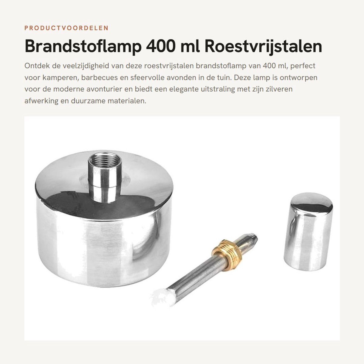 Dailygoods- Brandstoflamp 400 ml - Roestvrij staal - Verdikte brandstofbrander - Fijne koperen schroef - Lont - Zilver