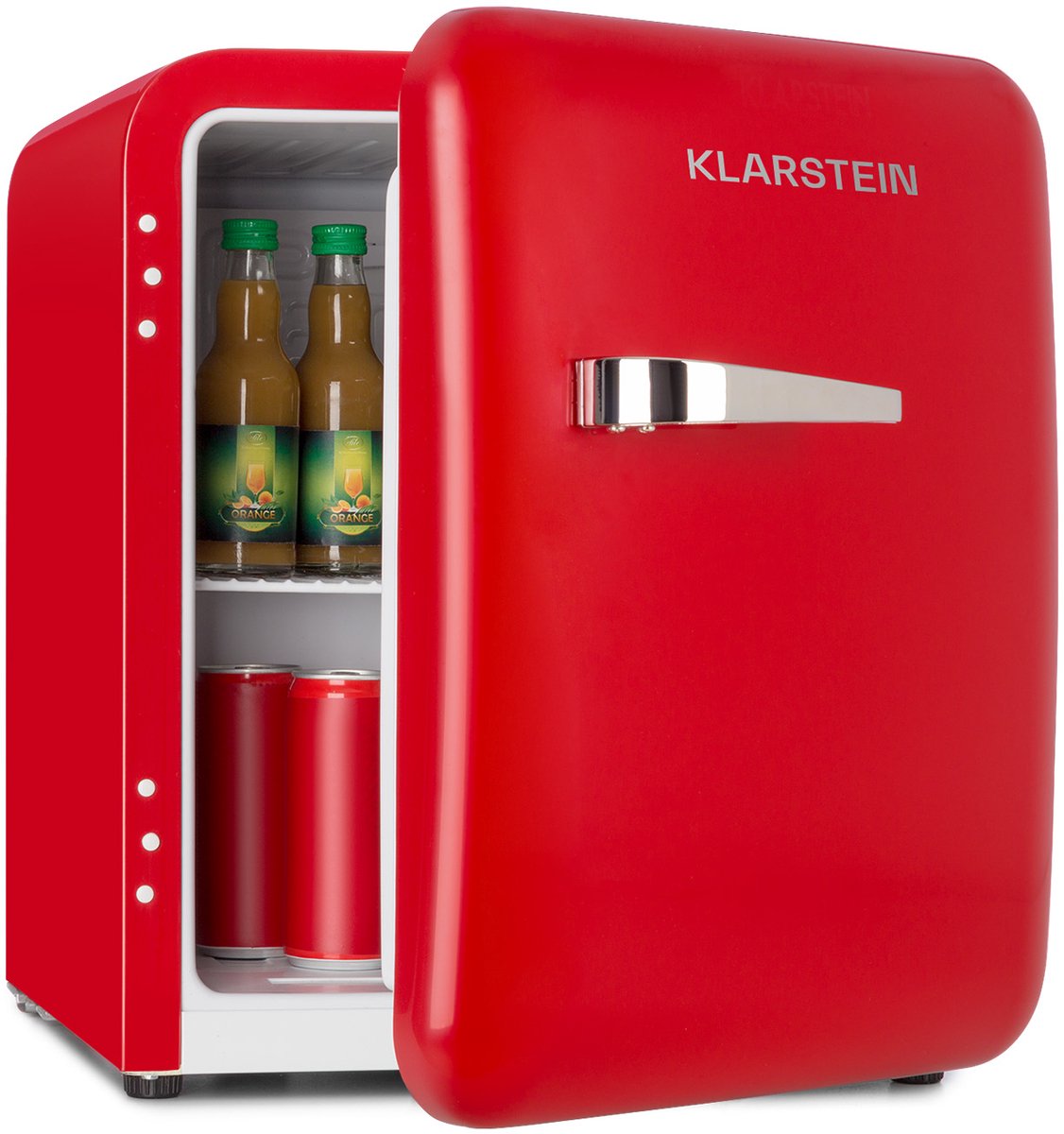 Klarstein Mini-Koelkast Audrey Mini retro Mini koelkast -Drankkoelkast – Energie-efficiëntieklasse D – 48 Liter inhoud – 2 Niveaus – Koeltemperatuur: 0 – 10 °C – Jaren 50 retro Stijl – Flessenvak & eierbakje – Rood – Mini Fridge