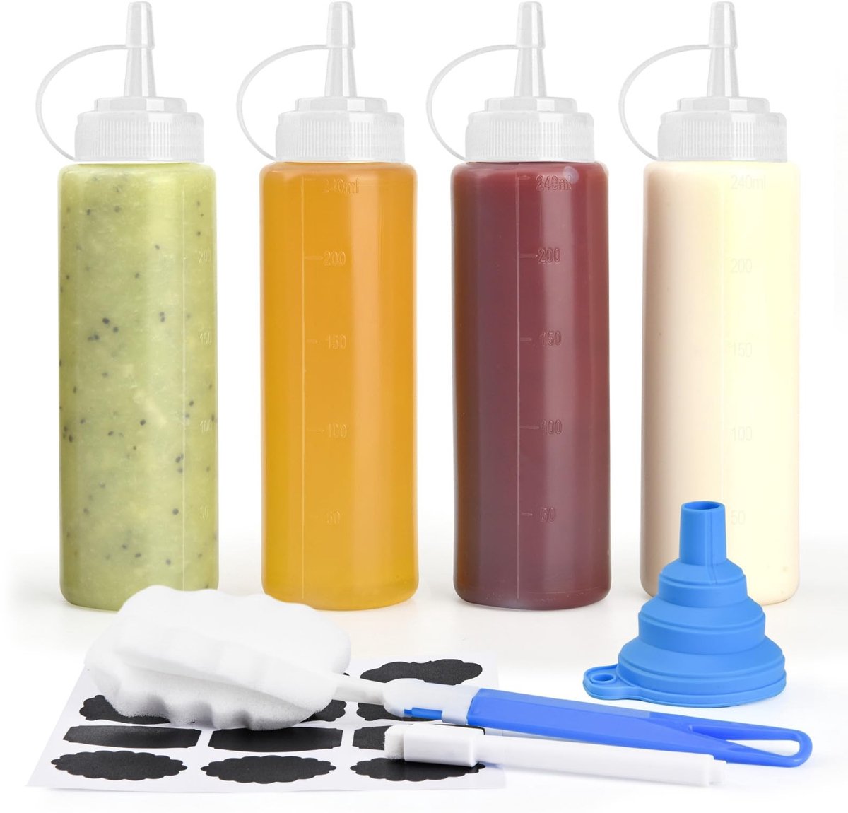 Dailygoods- Knijpfles 250ml - Set van 4 - Kunststof Doseerfles - Spuitfles - Olieflesdispenser - Inclusief Trechter en Reinigingsborstel - Sauzenfles