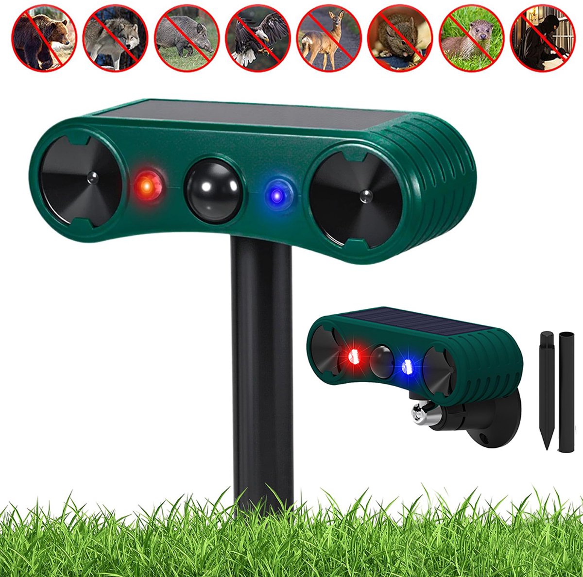 Alarm op zonne-energie – Dierenafweermiddel – Kattenafweermiddel – Infrarood bewegingssensor voor mensen – Hoorbaar en visueel alarm – Anti-diefstal – Infrarood knipperlicht – Voor thuisgebruik met afstandsbediening – ABS-materiaal – Groen
