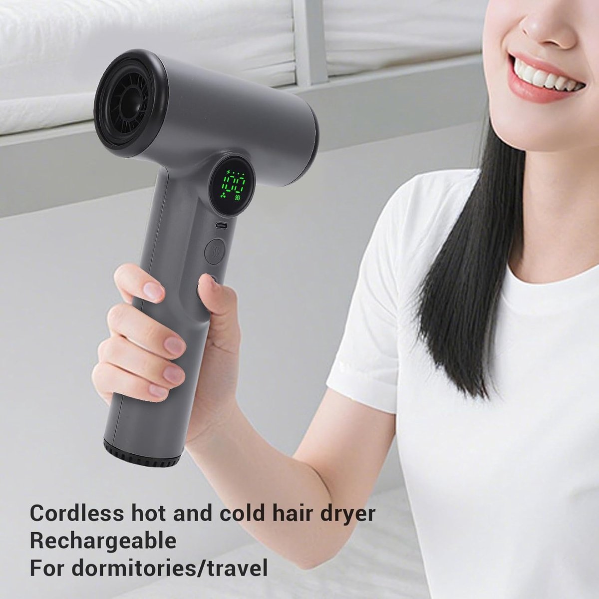 VHV Professionele draadloze föhn-Hoge snelheid voor snel drogen, föhn, HD-scherm, 3 temperaturen en 3 snelheden, voor slaapzaal, reizen, kamperen, oplaadbaar - Grijs thumbnail 3