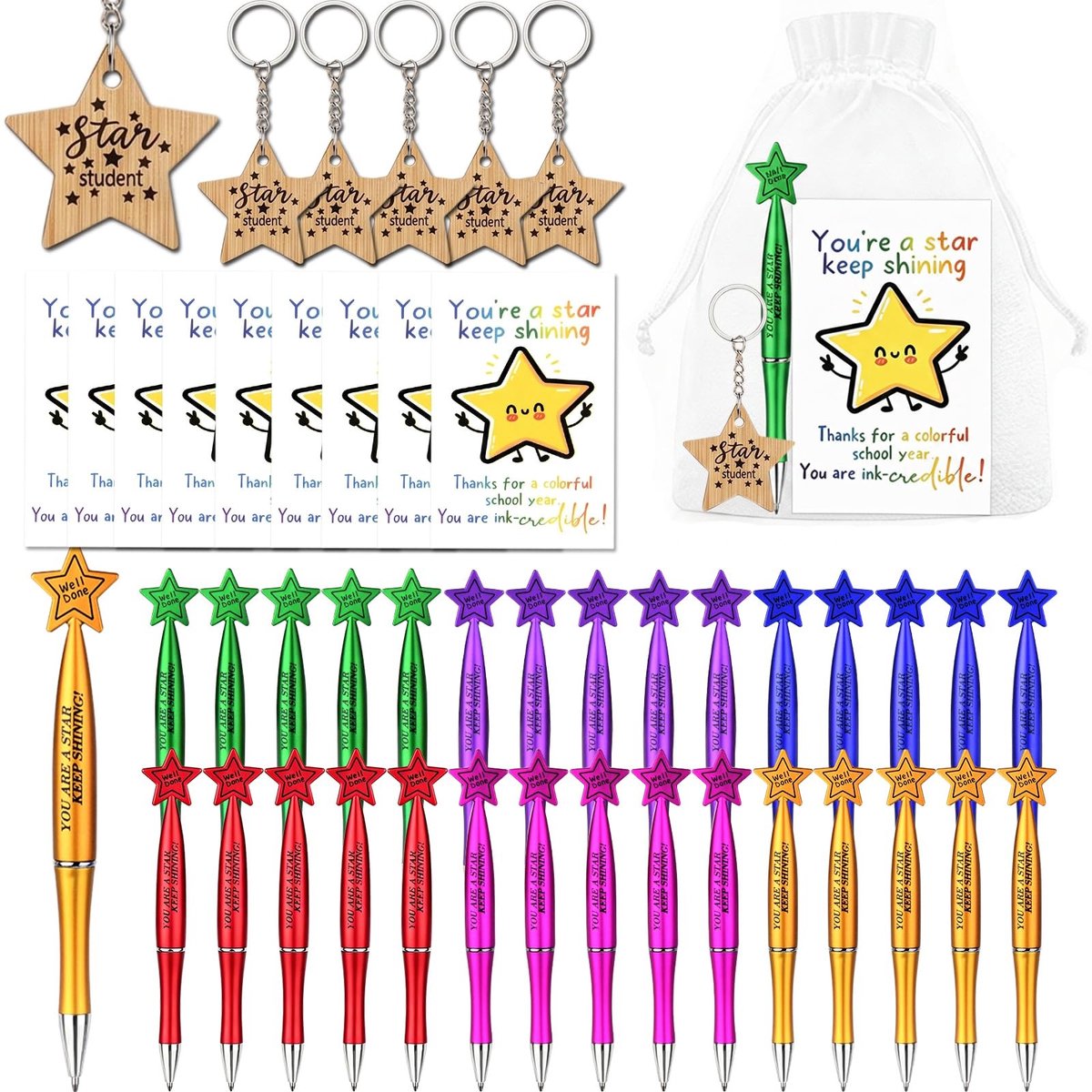Dailygoods- Geschenken voor Kinderen - Eindejaarsgeschenken - Afstudeergeschenken - 30 Sets - Stervormige Pennen/Sleutelhangers - Inspirerende Wenskaarten