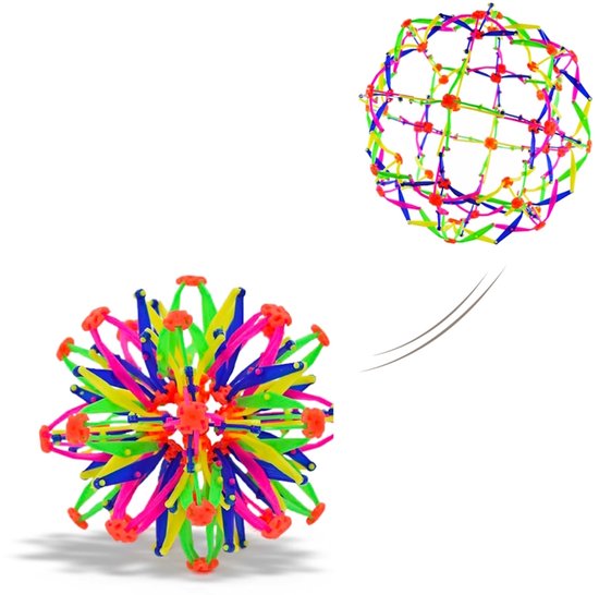 Balle extensible multicolore avec des tiges vives aux couleurs rouge, jaune, vert, bleu et rose.