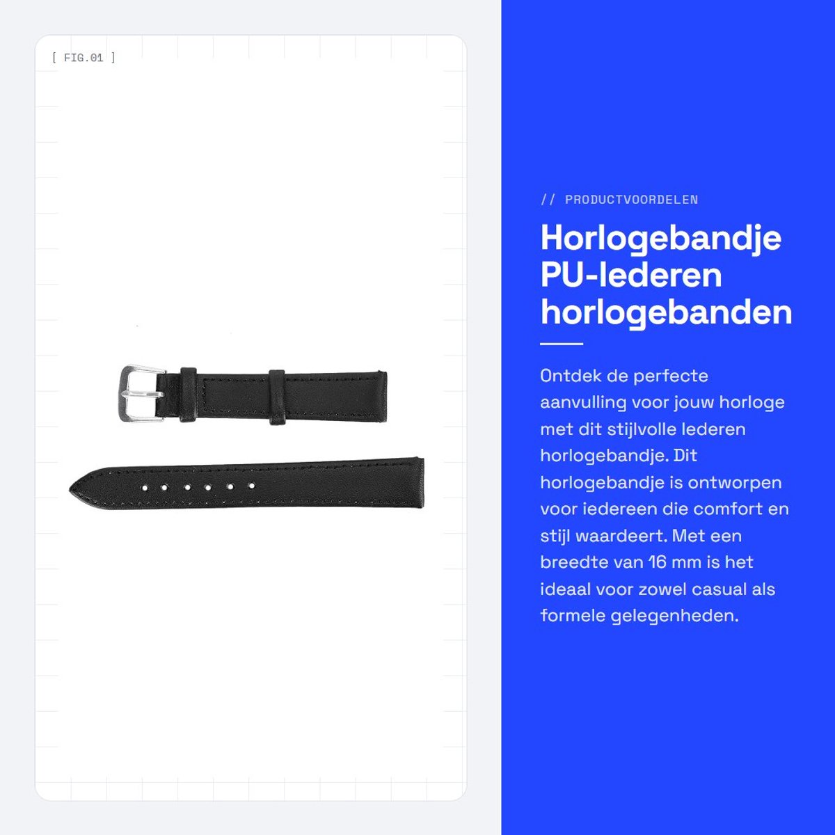 Dailygoods - Horlogebandje - PU-lederen horlogebanden - Comfortabel en stijlvol - Zwart - Vervangend horlogeband - Geschikt voor smartwatch - 16 mm