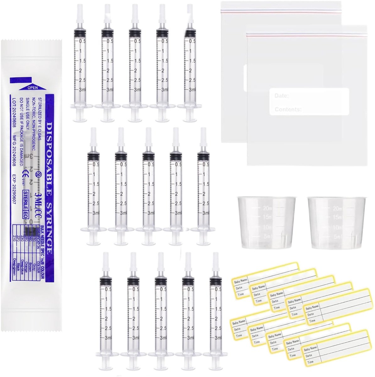 Solidchoice- Spuiten 30 stuks 3 ml - Colostrumspuit zonder naald - Maatbeker 20 ml - Doppen - Afsluitbare zakken - BPA-vrij materiaal - Injectiespuit