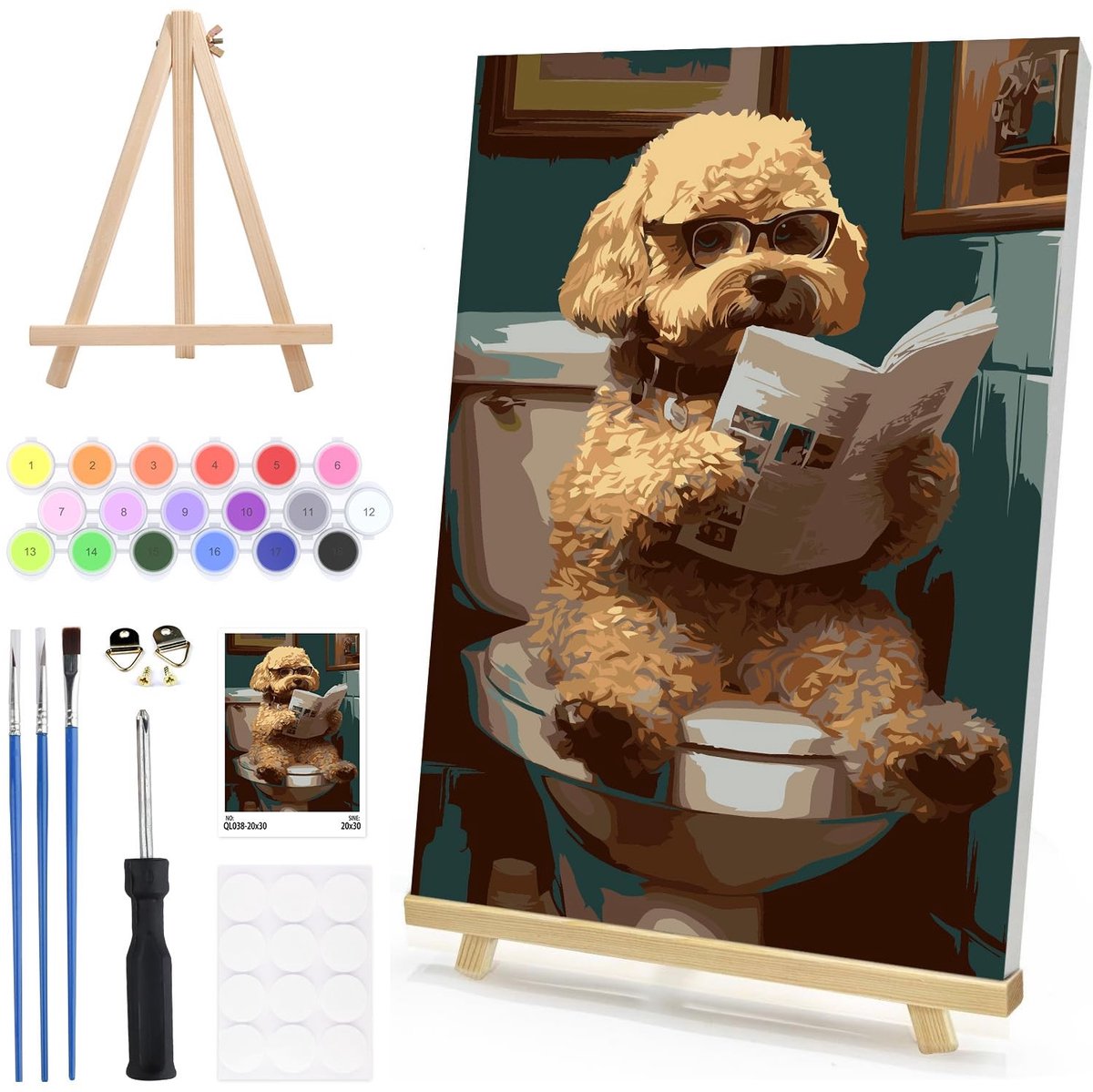 Solidchoice- Verf op Nummer - Ingelijst met Houten Ezel - Grappige Hondenbadkamer - Olieverfschilderij - DIY Kunst Kit - Muurdecoratie 20 - Schilderen Op Nummer