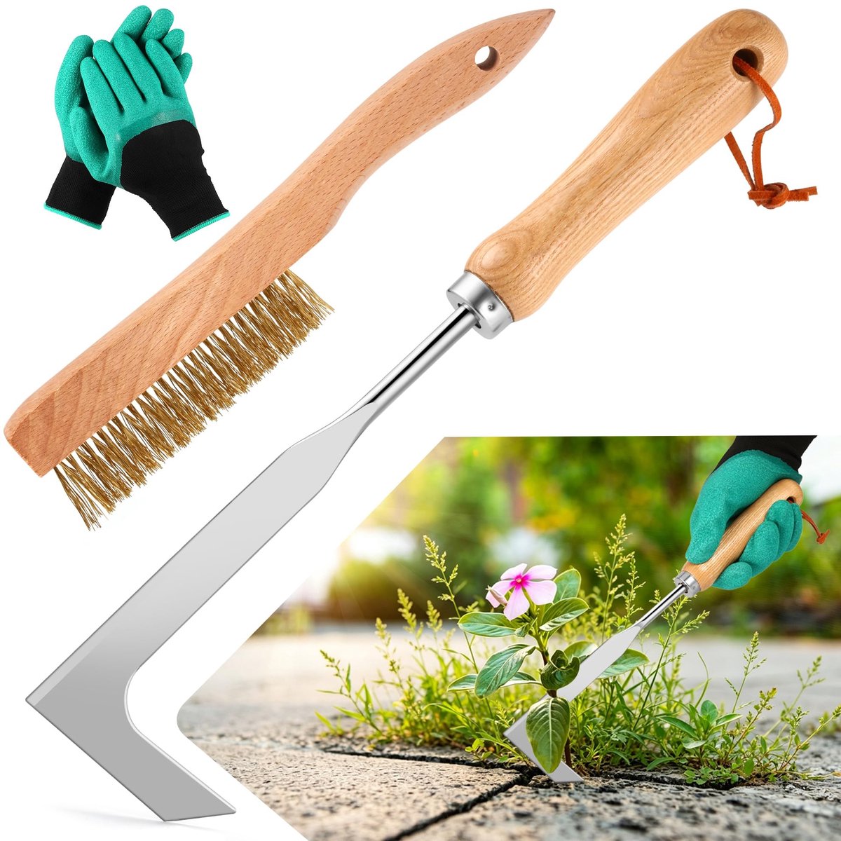 Solidchoice- Onkruidverwijderingsset 2-in-1 - Tuingereedschapset - Terrasborstel - Onkruidtrekker - Houten handvat - Ergonomisch ontwerp - Tuingereedschap