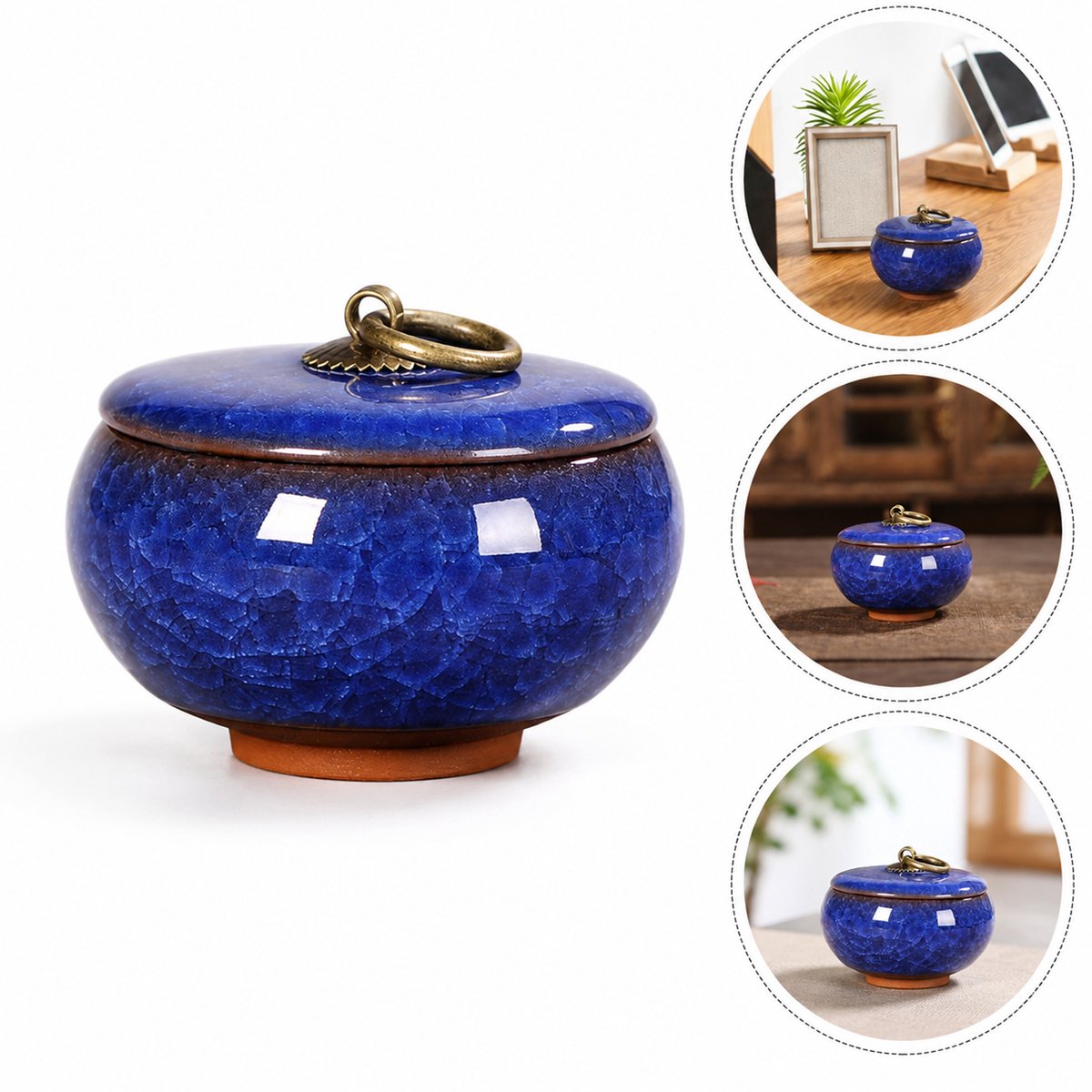 Keramische Gedenkurn - Mini urn van keramiek - Ljskraakpatroon - 60ml - Gedenkurn voor mens en huisdieren - Donkerblauw