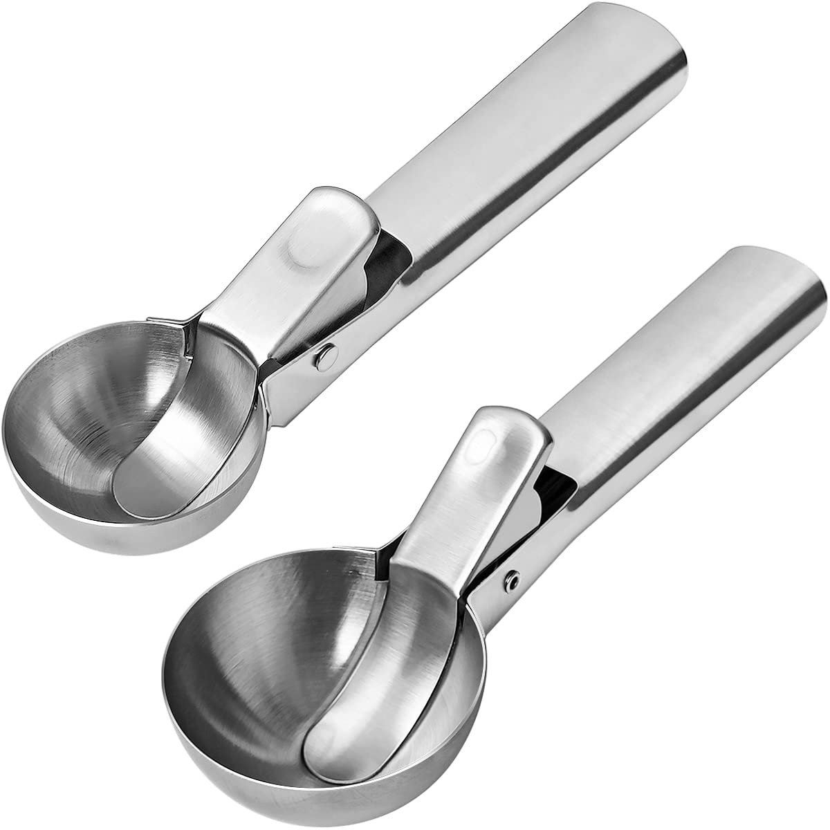 COOAU - 2 stuks roestvrijstalen ijslepel - Zware ijslepel met hendel - Metalen ijslepel - Lepel voor fruit, sundaes, sorbet, ijs (Zilver)