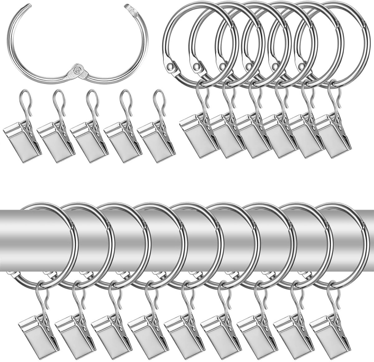 Dailygoods- Gordijnringen 50 Stuks - Gordijnringen met Clips - Voorhangringen - Gordijnklemmen - Roestvrij Staal - Zilver - Gordijnclips