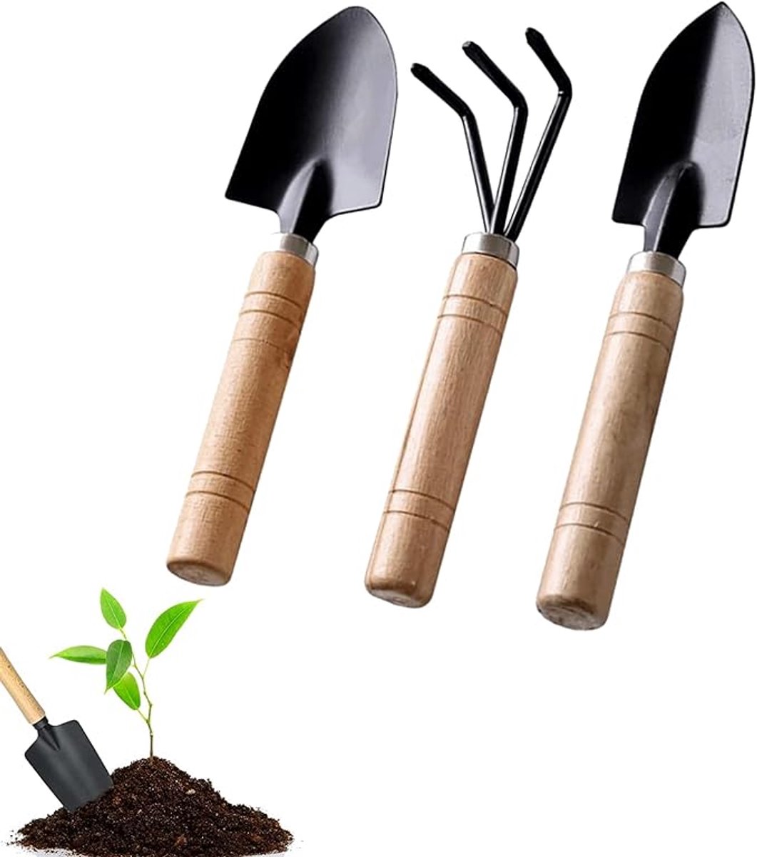 Tuingereedschapsset 3-Delig - Mini Tuingereedschapsset - tuinschop - Hark - Spatel - Drietand - Met Houten - Tuinschepje voor Tuinieren - voor bonsai, plantenpot, bloemenm,Klein Tuinwerk