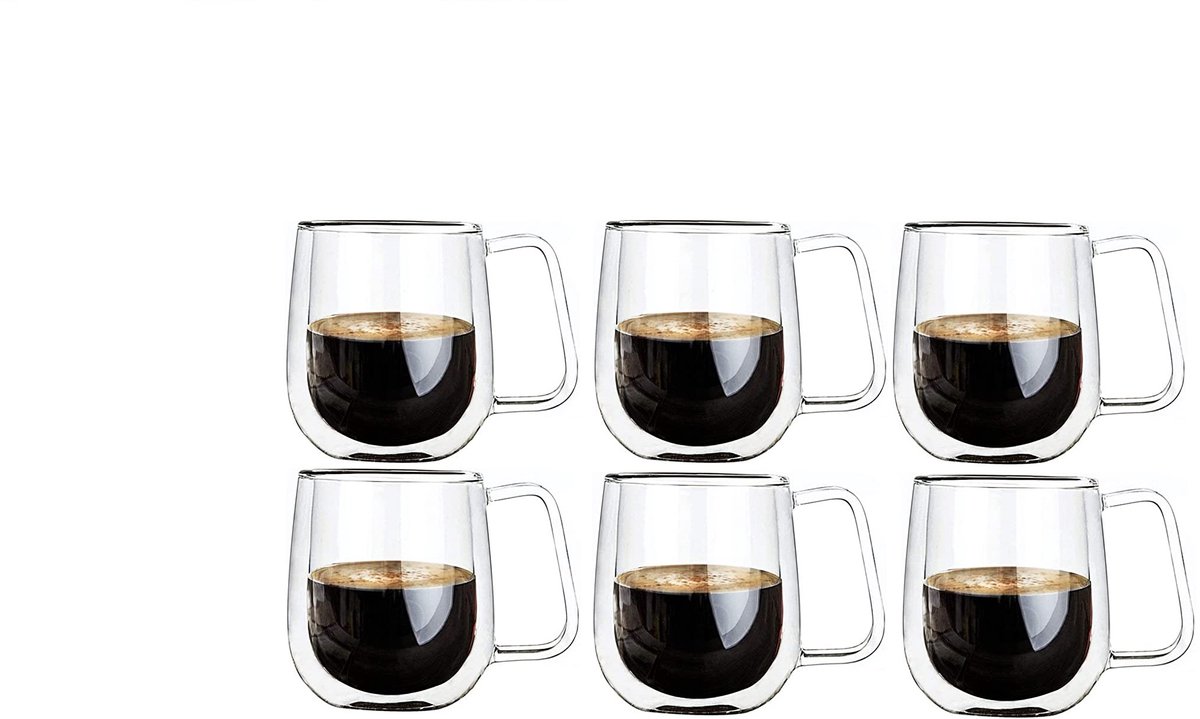 Dailygoods- Theeglazen 320 ml - Dubbelwandige Glazen - 6 Stuks - Borosilicaatglas - Theeglas met Oor - Lichtgewicht en Hittebestendig - Koffieglazen
