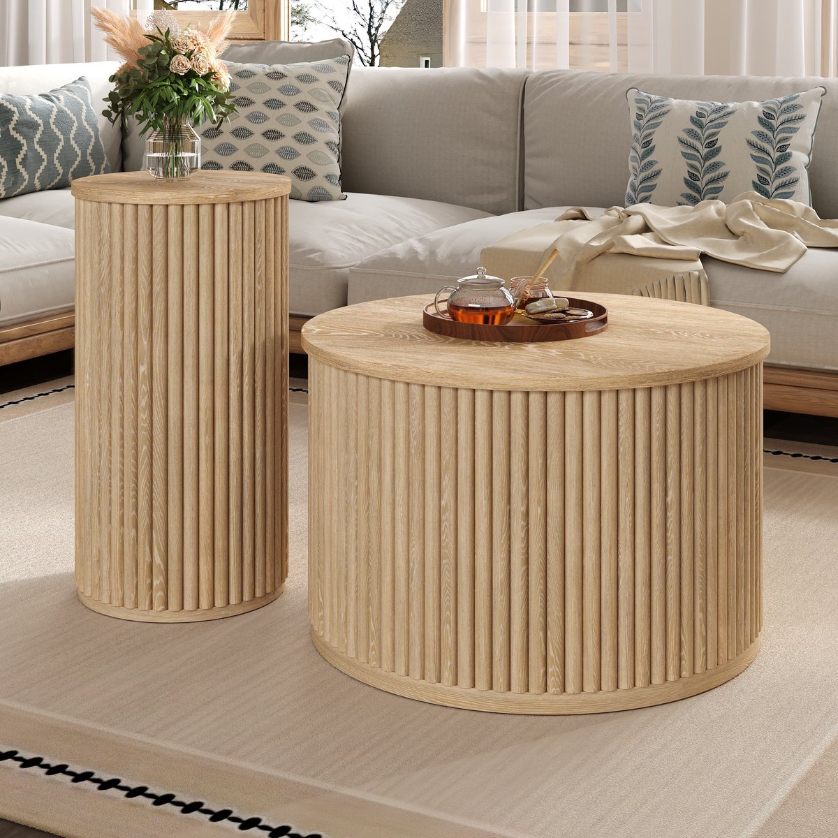 DESMIU Salontafel Set Van Twee Ronde Tafels Met Verticaal Streeppatroon Voor Woonkamer En Lounge Van MDF In Natuurkleur 60x60x38,5 En 30x30x56 Cm Natuurlijk