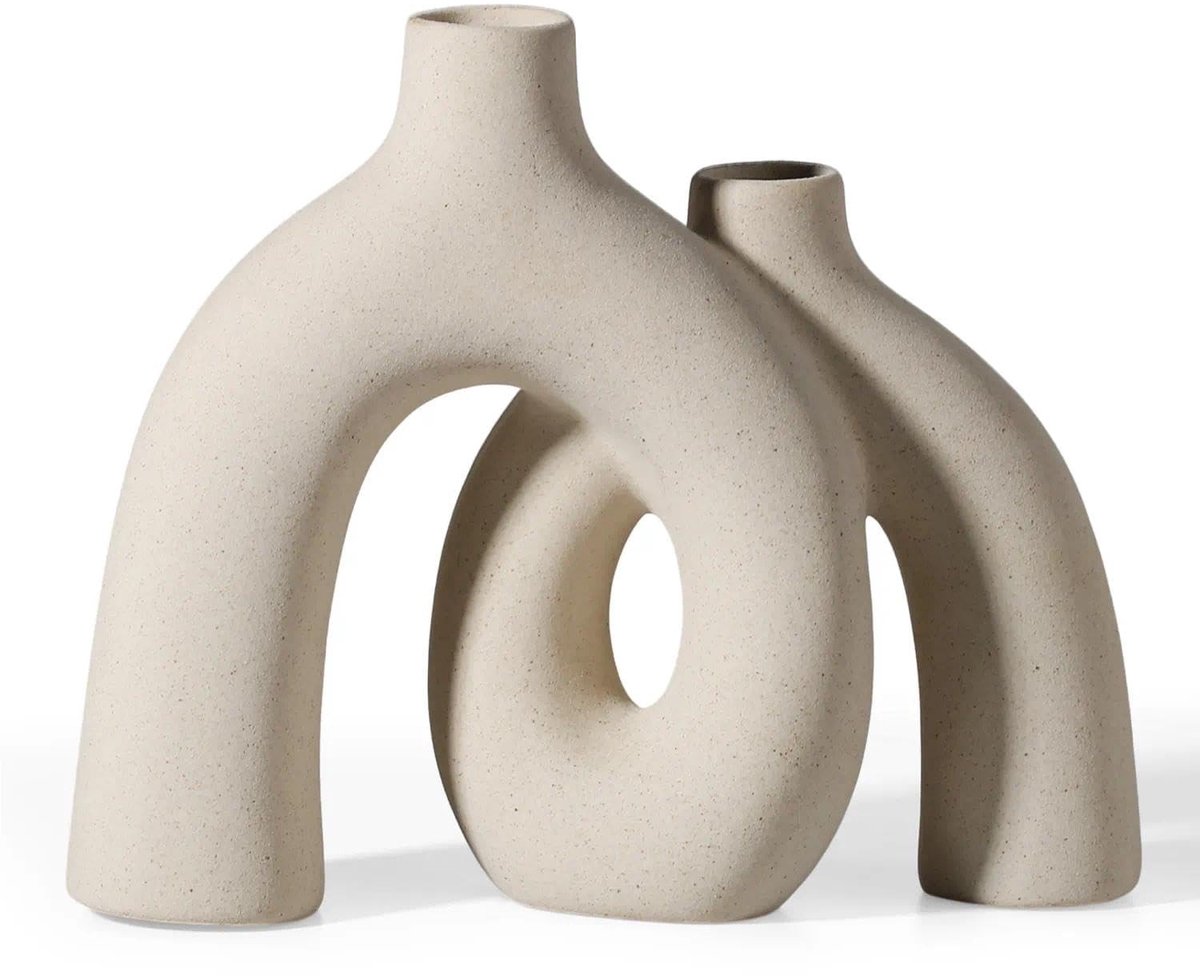 Dailygoods- Bloemenvaas Keramisch Abstract Ontwerp - Decoratieve Vaas - Interieurdecoratie - Hoogteverschillen - Matte Crèmekleur - Sculpturaal Design