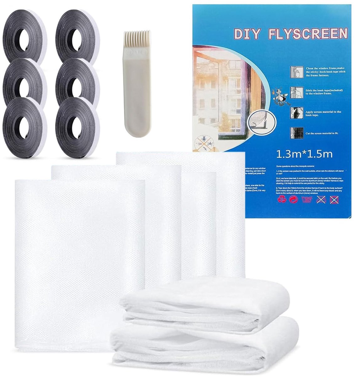 Dailygoods- Vliegengaas 150 cm x 130 cm - Bescherming tegen insecten - Scheurvast Polyester - Ademend - Zelfklevende banden - Effectieve isolatie - Insectenhor