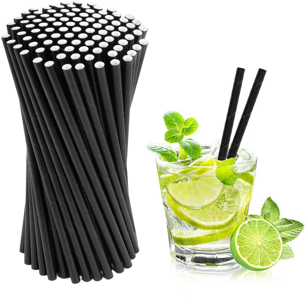 Dailygoods- Papieren Rietjes 100 Stuks - Zwart - Diameter 6 mm - 19,7 cm - Duurzaam - Geschikt voor Feesten