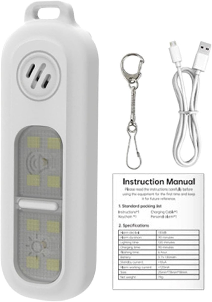 Persoonlijk Alarm - Veiligheidssirene Sleutelhanger - Noodsituatie Waarschuwing - 130dB Geluid - 7.8 x 2.5 cm - Wit