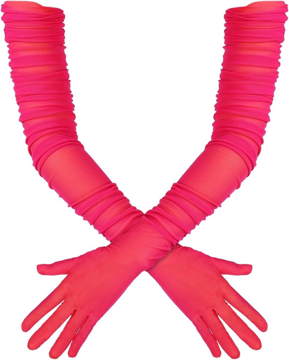 Lange Dameshandschoenen van Tulle met Rekbare Plissé, Perfect voor Feestjes en Kostuums, Beschikbaar in Roze en Rood