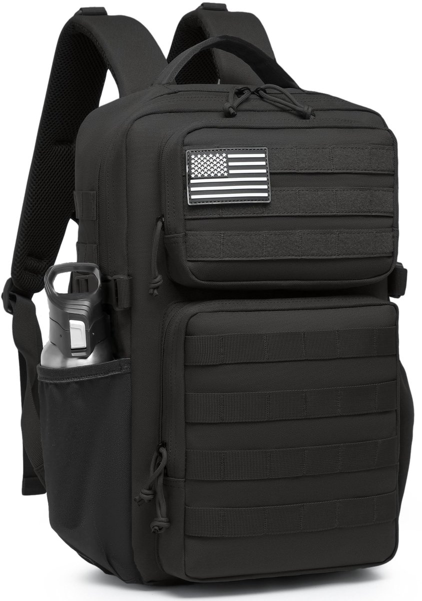 25L Tactical Rugzak - Waterdichte Molle Backpack - 3-Daagse Outdoor Rugzak - Met Fleshouder - Zwart - Voor Wandelen, Kamperen, Trekking & Reizen