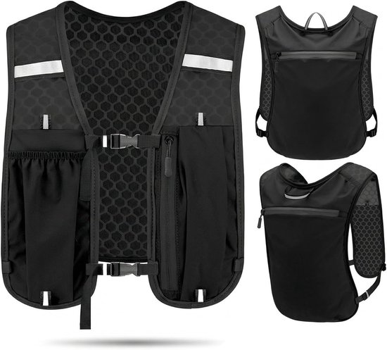 Gilet de running noir avec multiples poches, boucles ajustables et détails réfléchissants, vue recto-verso.