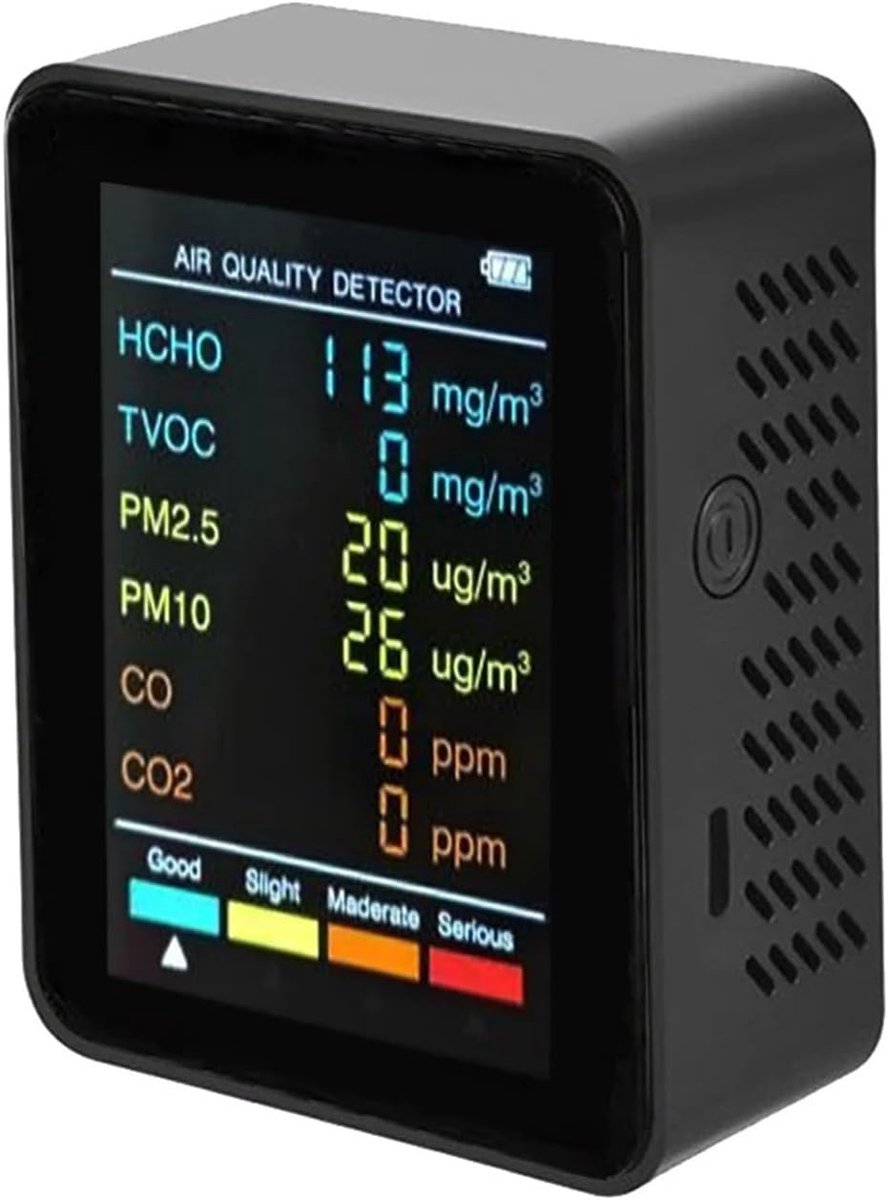 Luchtkwaliteit Monitor - Luchtmeter Tester - Gezond Wonen - 6-in-1 Metingen - 10x10x10 mm - Zwart
