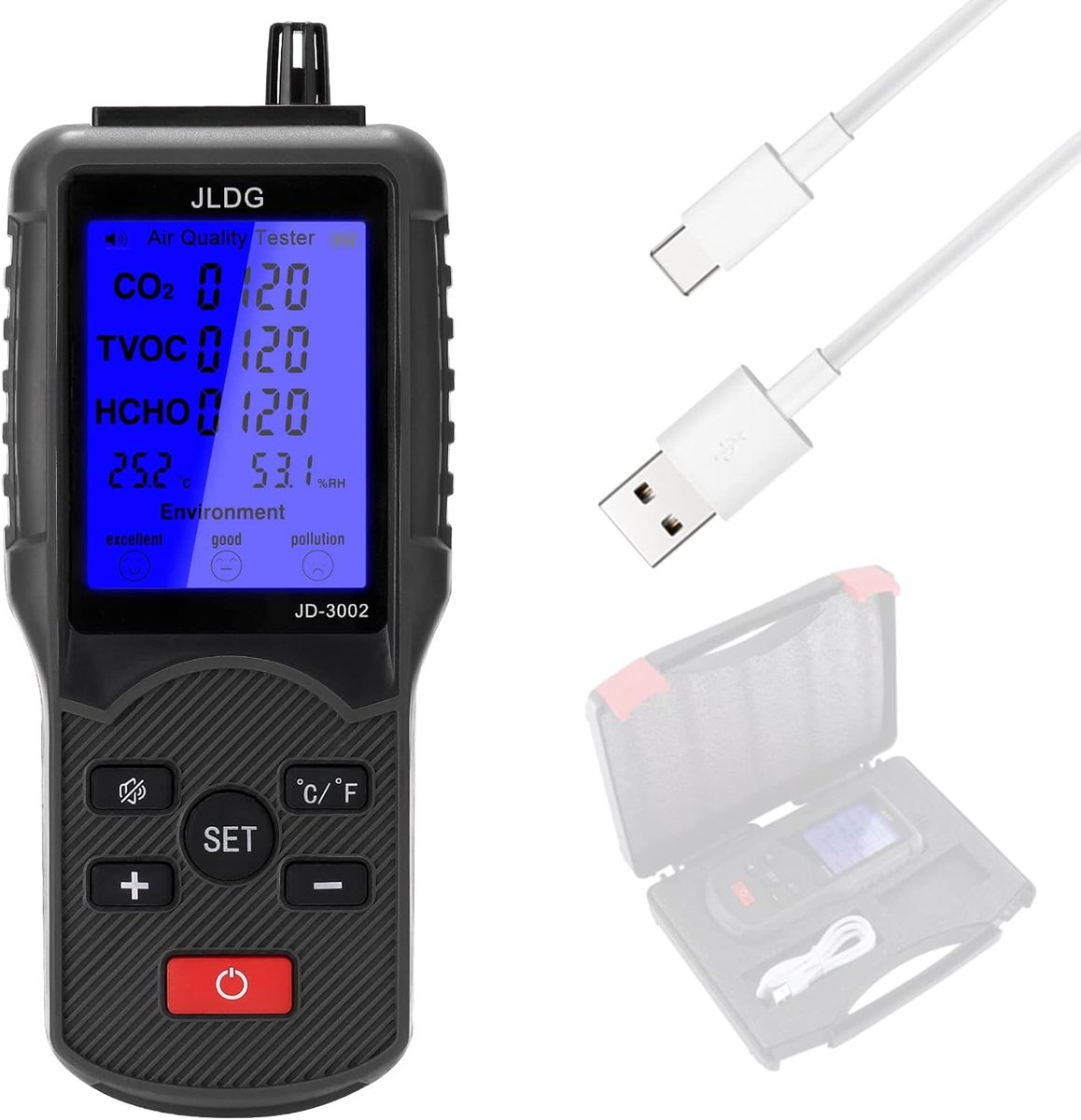 Luchtkwaliteit Meter - CO2 TVOC Sensor - Binnenklimaat Meten - Milieu Beoordeling - 17.6 cm - Multicolor