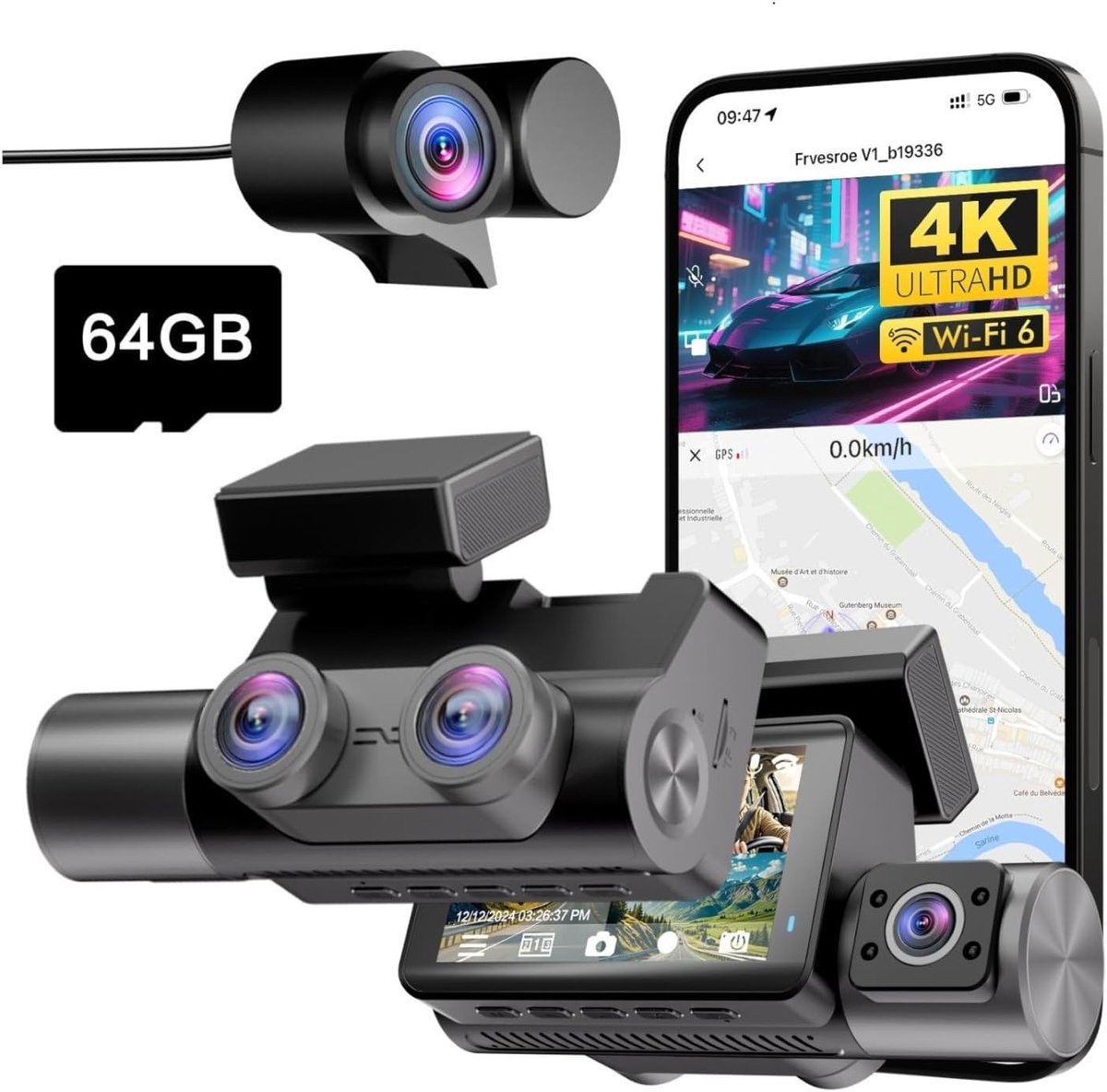 Dashcam - 4K UHD - 3-Kanaals Opname - Nachtzicht - Voor Auto's