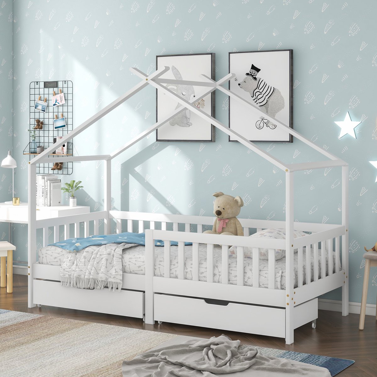 MEUNIQ huisbed voor kinderen 205 x 98 x 165 cm met veiligheidshek, 2 lades en lattenbodem, geschikt voor matras 200 x 90 cm, kinderkamer, wit