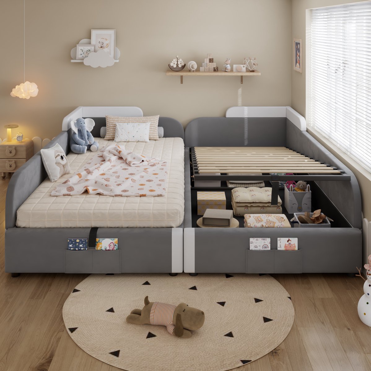 MEUNIQ kinderbed 205x187 cm met hydraulische opbergruimte, zachte omranding, opbergvak aan voeteneinde en lattenbodem, geschikt voor 2 matrassen van 90x200 cm, grijs