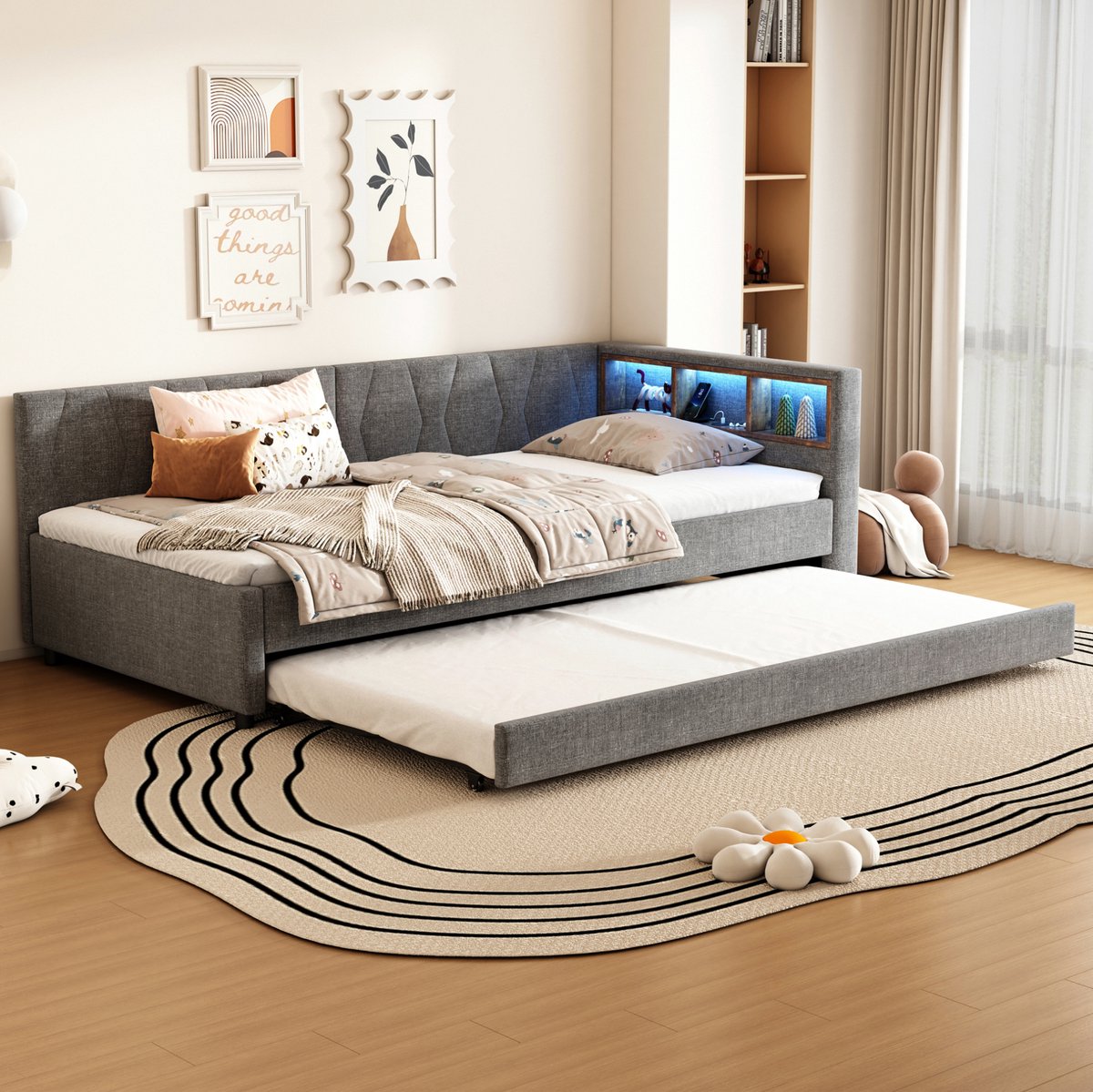 MEUNIQ bedbank daybed 90x200 cm met uitschuifbaar logeerbed 90x190, opbergvakken, USB en USB-C, LED-verlichting, lattenbodem, grijs