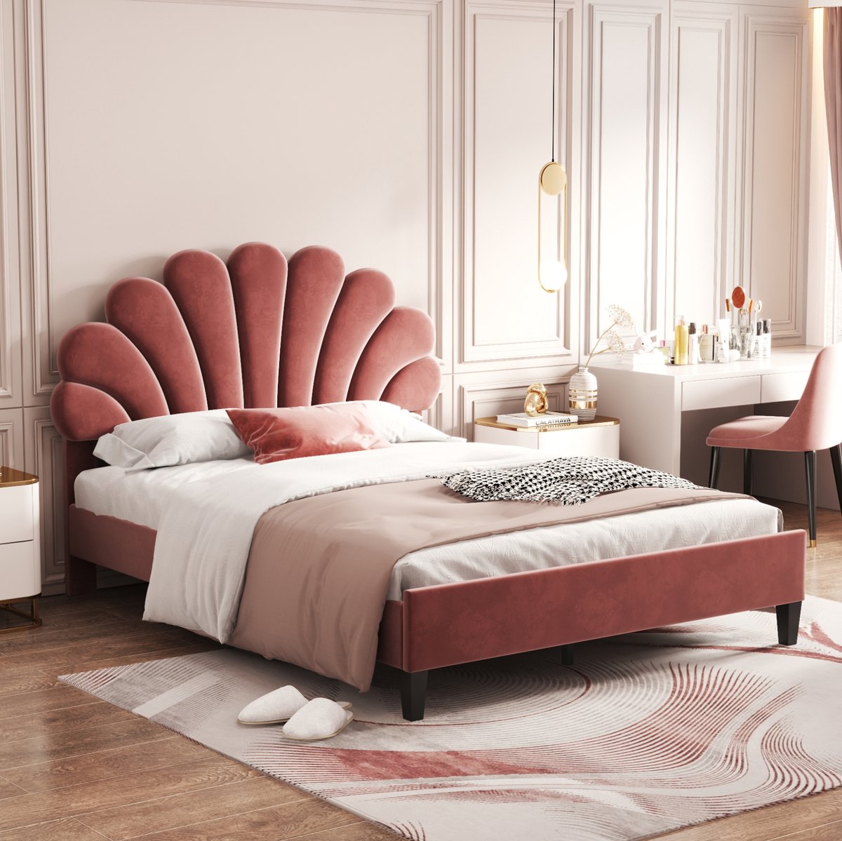 MEUNIQ gestoffeerd tweepersoons bed 140 x 200 cm met bloemvormig hoofdbord, lattenbodem en verstelbaar hoofdbord voor slaapkamer, rozerood Bonenrood