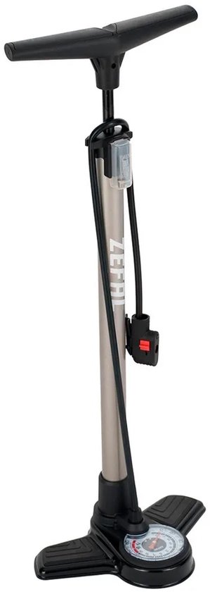 Zilveren fietspomp met zwarte T-greep, slang en voet, met Zefal-logo en manometer.