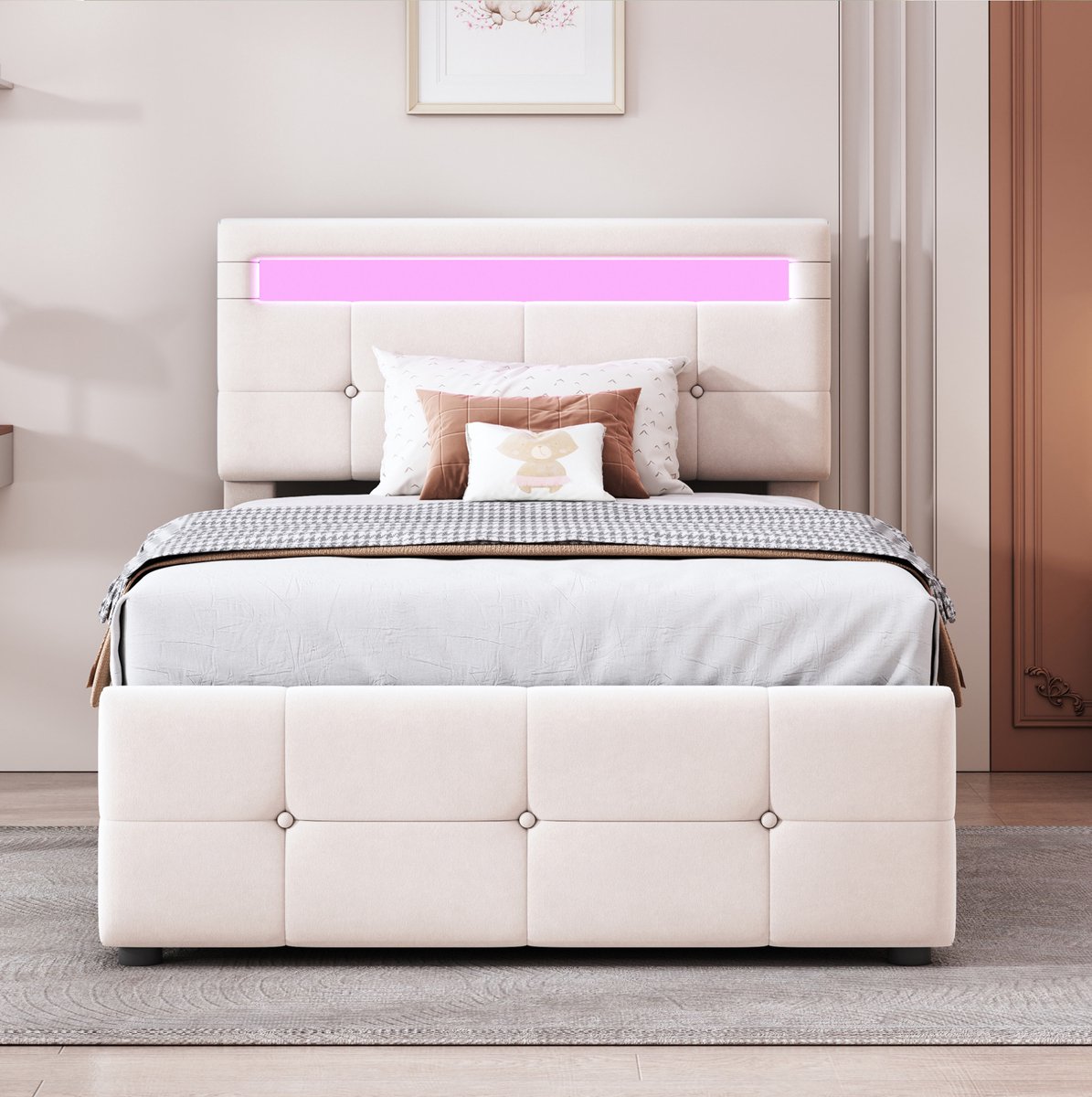 MEUNIQ kinderbed 90x200 cm met LED-verlichting, hydraulische opbergruimte, verstelbaar hoofdbord, lattenbodem en stoffen bekleding voor kinderkamer, beige