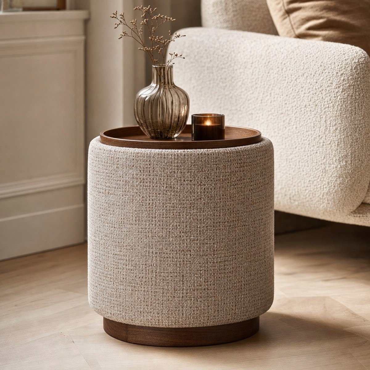 DÉJA Living Bijzettafel Marcia Taupe/Walnoot – Rond – Met Opbergruimte – Chenille en Essenfineer – 40x40x44 cm
