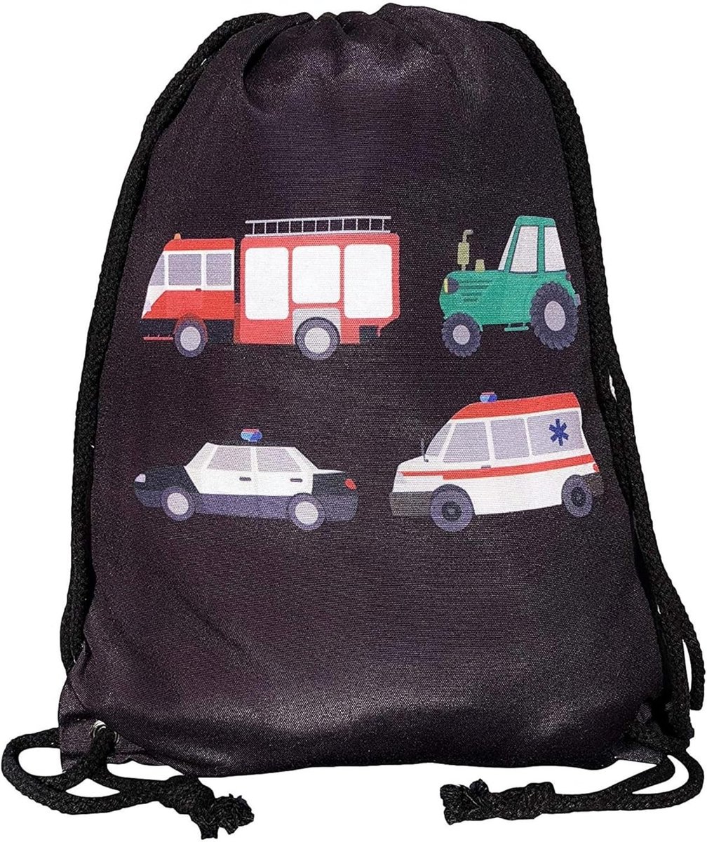 HECKBO Gymtas voor jongens, jongens, brandweer, tractor, ambulance, politie (zwart of beige) aan beide zijden bedrukt, 40 x 32 cm, kleuterschool, reizen, sport, rugzak, tas