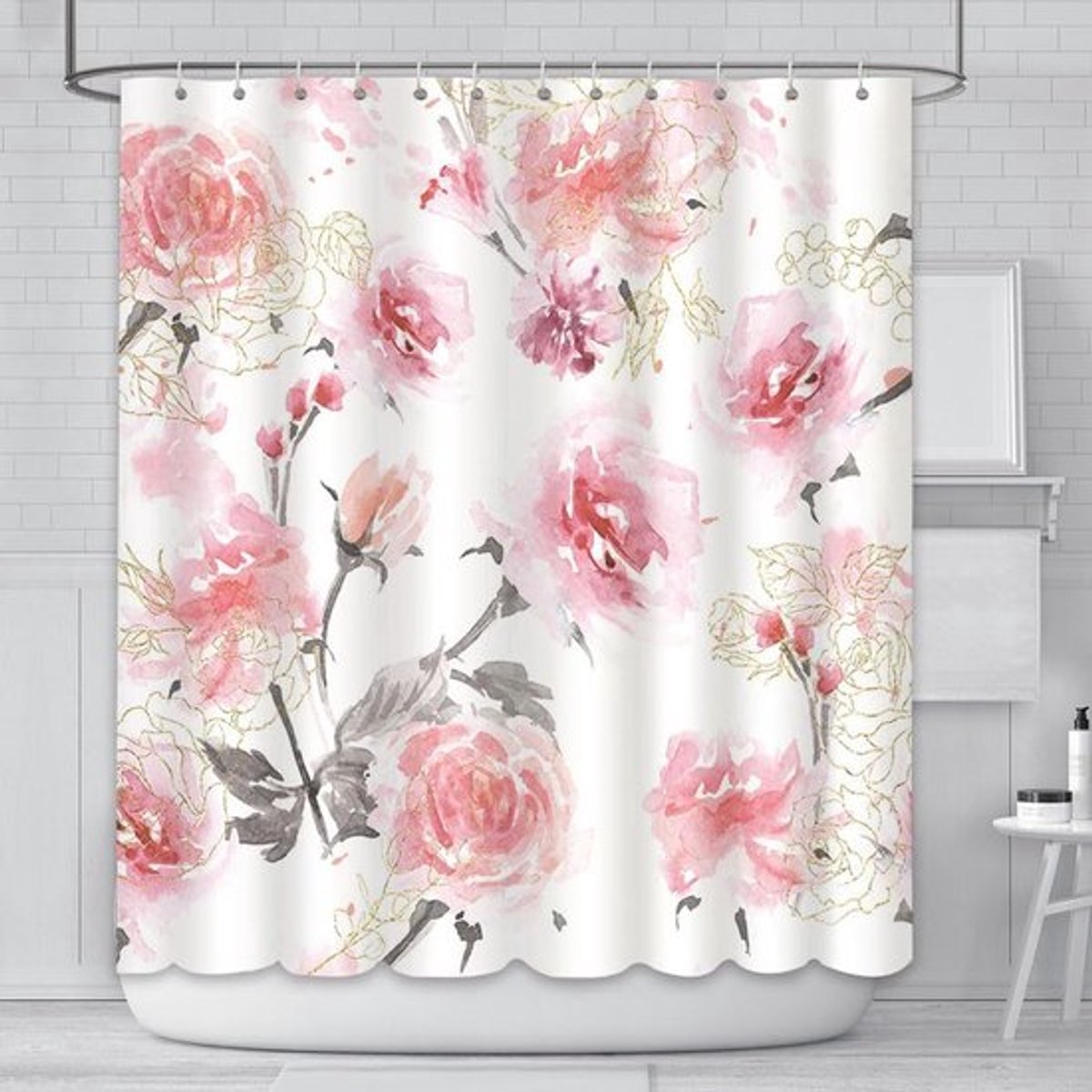 Bloemen douchegordijn - 180x180cm - Gouden Plantenlijn - Roze Waterverf Roos - Waterdichte Polyesterstof - Baddecoratie met 12 Haakjes