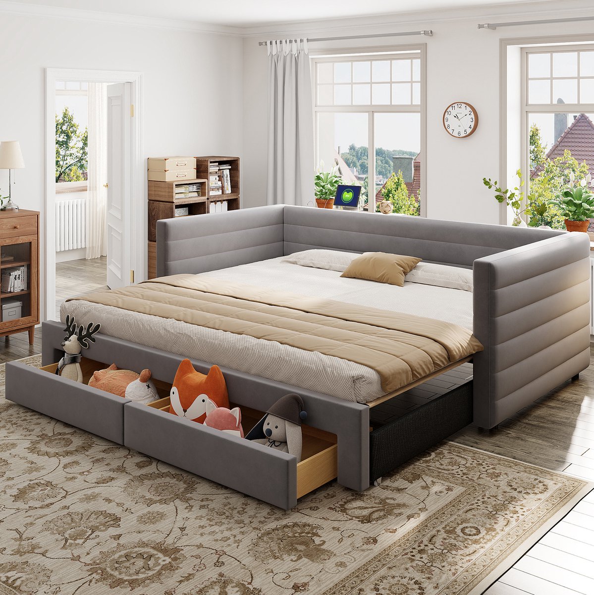 MEUNIQ 3-in-1 slaapbank 90 x 190 cm uitschuifbaar tot 180 x 190 cm, met 2 lades en lattenbodem, gestoffeerd bedbank voor slaapkamer of logeerkamer, grijs