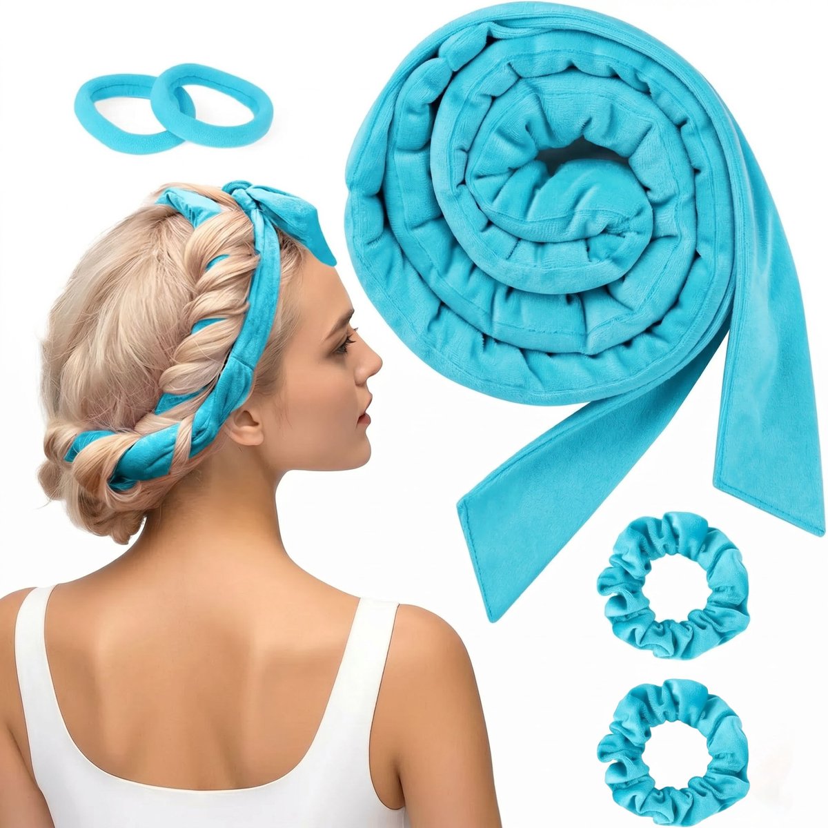 Hittevrije krultang, 5-delige set met hittevrije krultang en bijbehorende haarbanden, hittevrije krultangset, zachte slaapkrultang, hittevrije krultang, geschikt voor alle haartypes,blauw