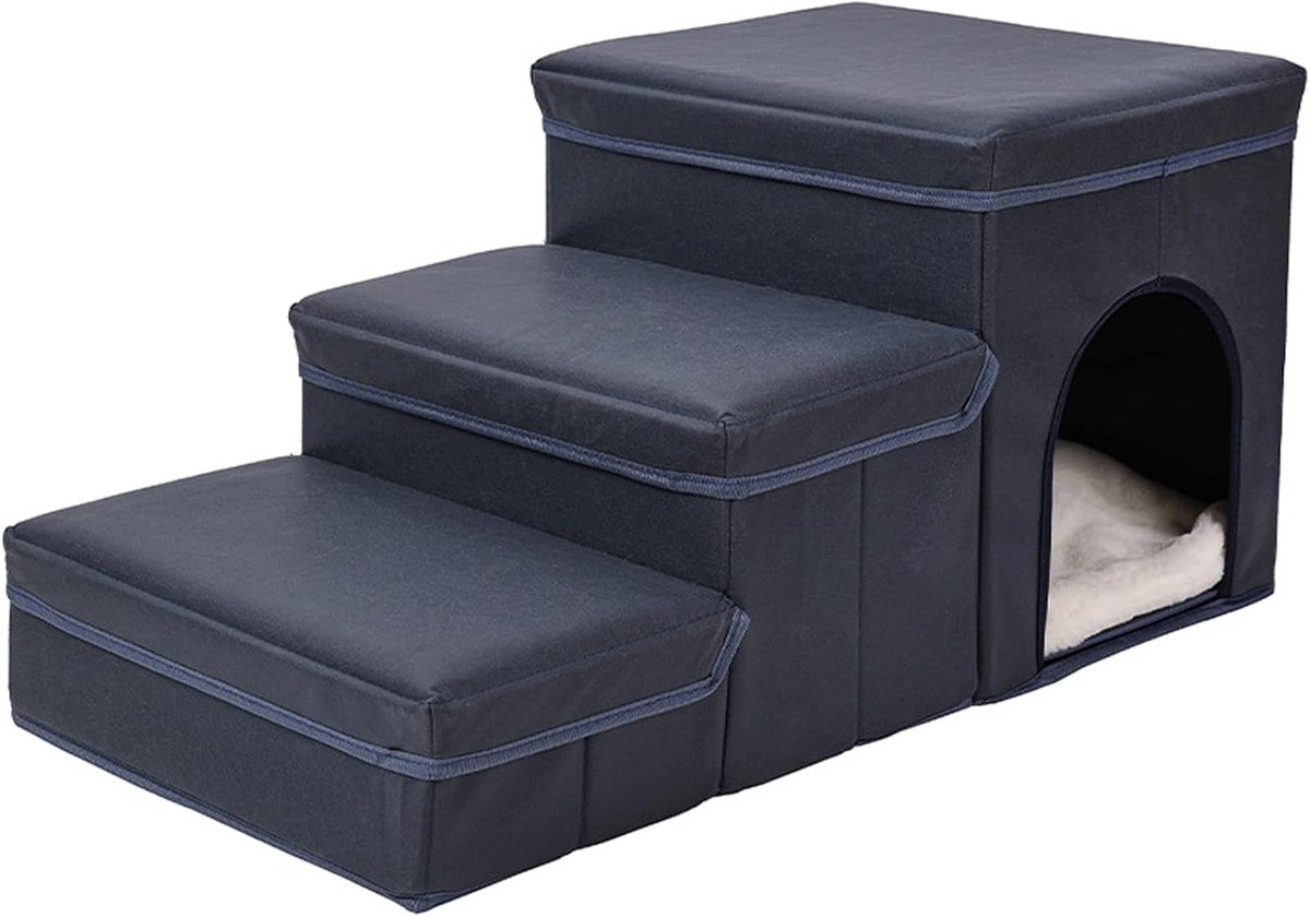 Honden Trappetje - Huisdier Ladder - Hoge Meubels Bereiken - Met Opbergruimte - 3 Treden - Blauw