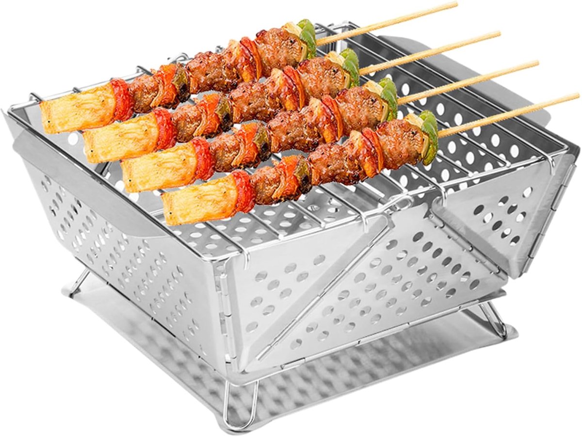 Mini Grill Compacte BBQ Buiten Koken Vouwbaar Ontwerp 19.3x19.3x10cm Zilver