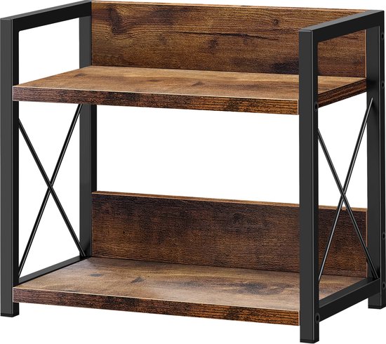 Een tweelaags rek met een rustiek houten afwerking en een zwart metalen frame met X-vormige details.