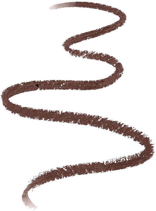 Bruine eyeliner lijn in een golvende vorm op witte achtergrond.