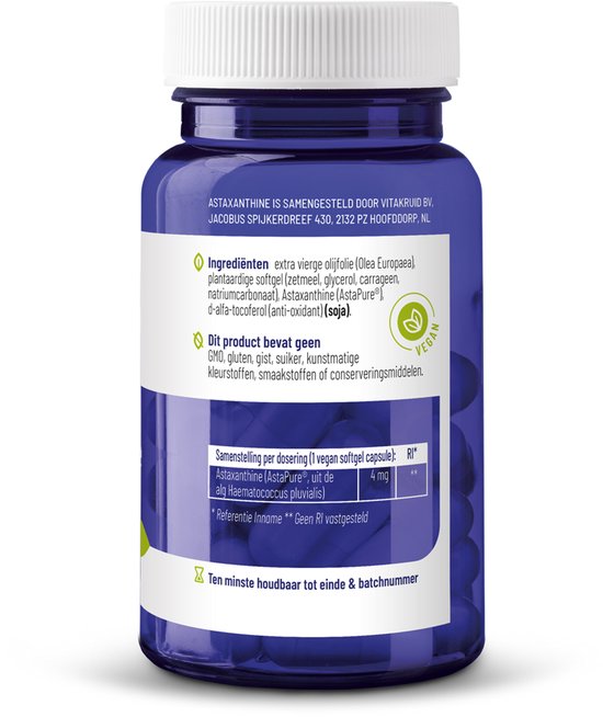 Paarse pot met vegan capsules. Label met ingrediënten en vegan logo.