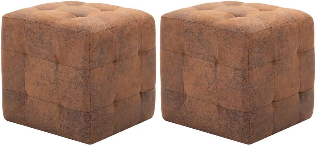 Zitpoef 2 stuks - Voetenbank kruk - Extra zitplaats - Duurzaam houten frame - 30x30x30 cm - Bruin